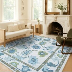 Fame Living Green Oushak Rug, Modern, Vintage, Turkish, Eclectic, Floral, Pastel